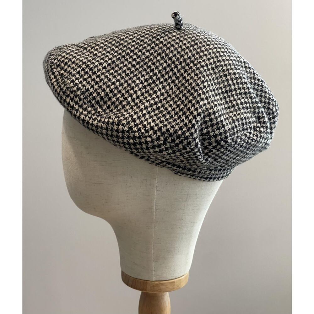 Hat Cap Beret Womens One Size Black Houndstooth Tweed Lined Wool Blend - Picture 2 of 8